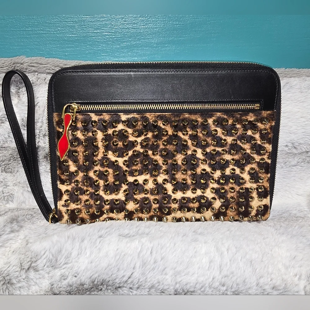Rare Find-Christian Louboutin Leopard Pony Hair Cris Spiked Clutch/iPad Case COA
